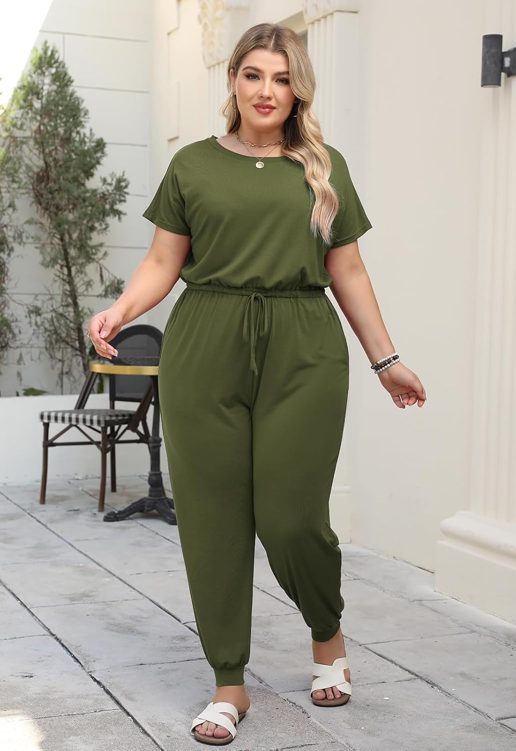 Nemidor Plus Size Casual Jumpsuits for Curvy Women Summer Short Sleeve Drawstring Waist Long Pant Romper with Pocket 16-26