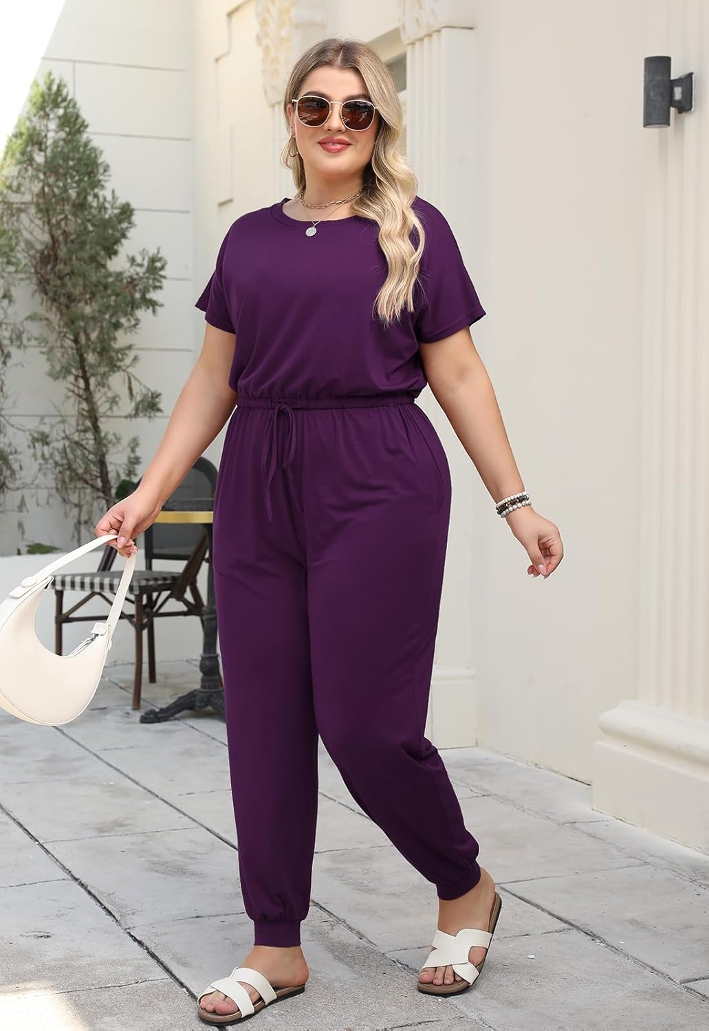 Nemidor Plus Size Casual Jumpsuits for Curvy Women Summer Short Sleeve Drawstring Waist Long Pant Romper with Pocket 16-26