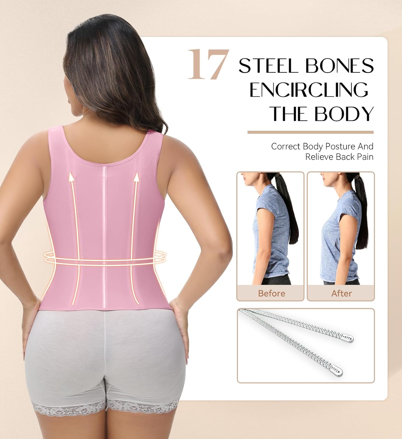 SHAPSHE Waist Trainer Corset for Women Tummy Control Sport Workout Body Shaper Vest for Women Postpartum Gym Zipper and Hooks