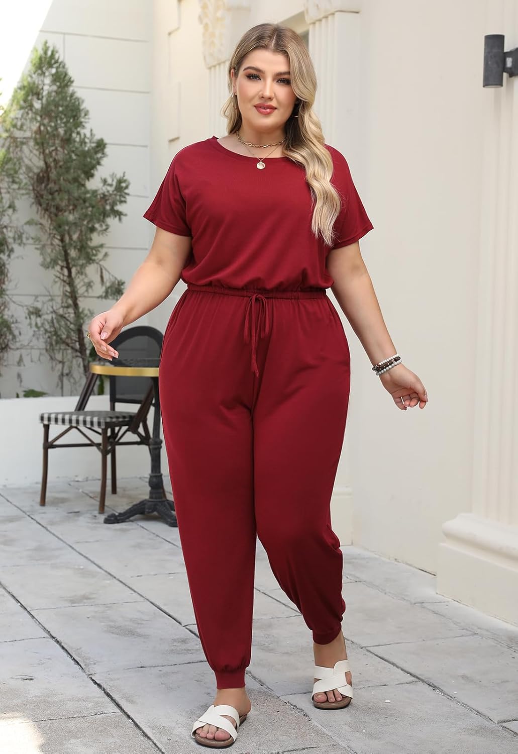 Nemidor Plus Size Casual Jumpsuits for Curvy Women Summer Short Sleeve Drawstring Waist Long Pant Romper with Pocket 16-26