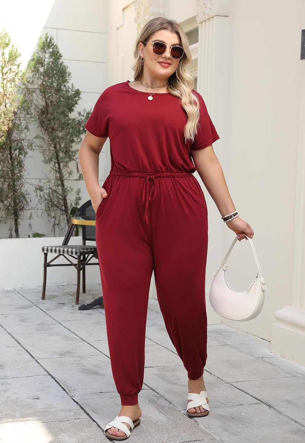 Nemidor Plus Size Casual Jumpsuits for Curvy Women Summer Short Sleeve Drawstring Waist Long Pant Romper with Pocket 16-26