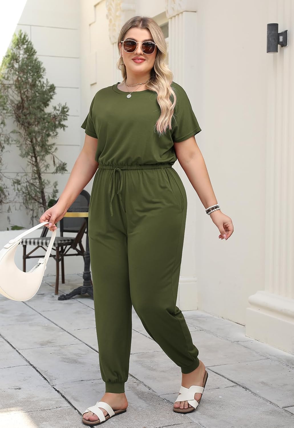 Nemidor Plus Size Casual Jumpsuits for Curvy Women Summer Short Sleeve Drawstring Waist Long Pant Romper with Pocket 16-26