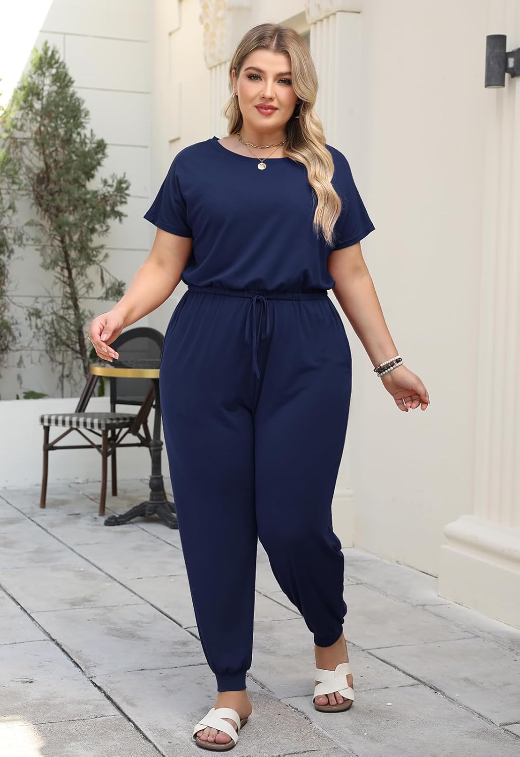 Nemidor Plus Size Casual Jumpsuits for Curvy Women Summer Short Sleeve Drawstring Waist Long Pant Romper with Pocket 16-26