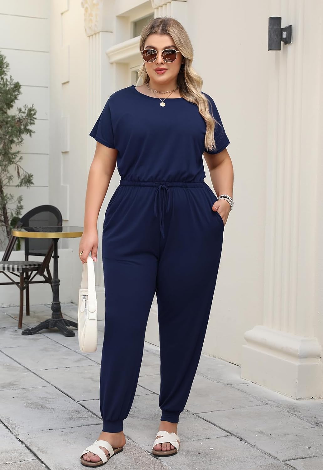 Nemidor Plus Size Casual Jumpsuits for Curvy Women Summer Short Sleeve Drawstring Waist Long Pant Romper with Pocket 16-26