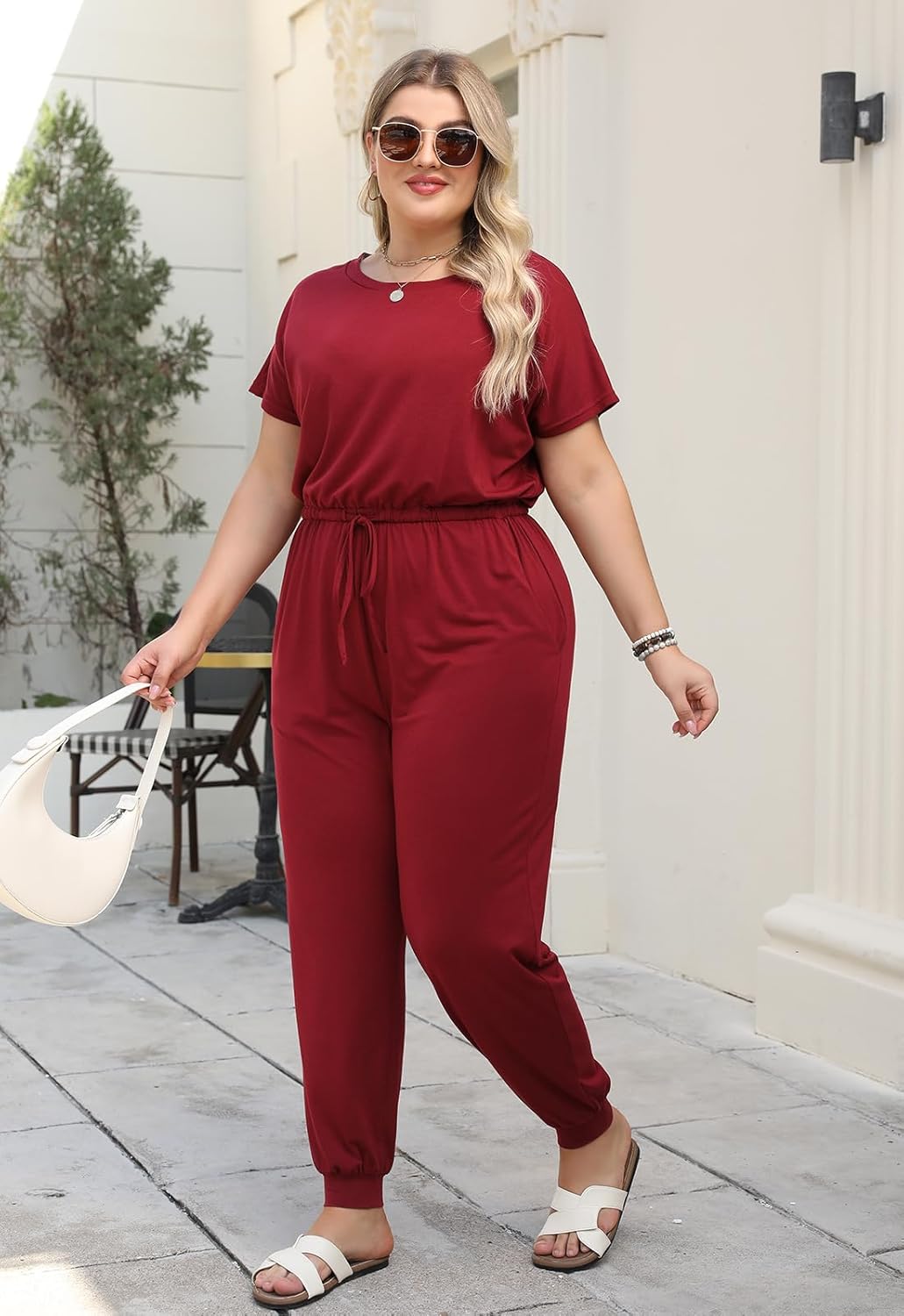 Nemidor Plus Size Casual Jumpsuits for Curvy Women Summer Short Sleeve Drawstring Waist Long Pant Romper with Pocket 16-26