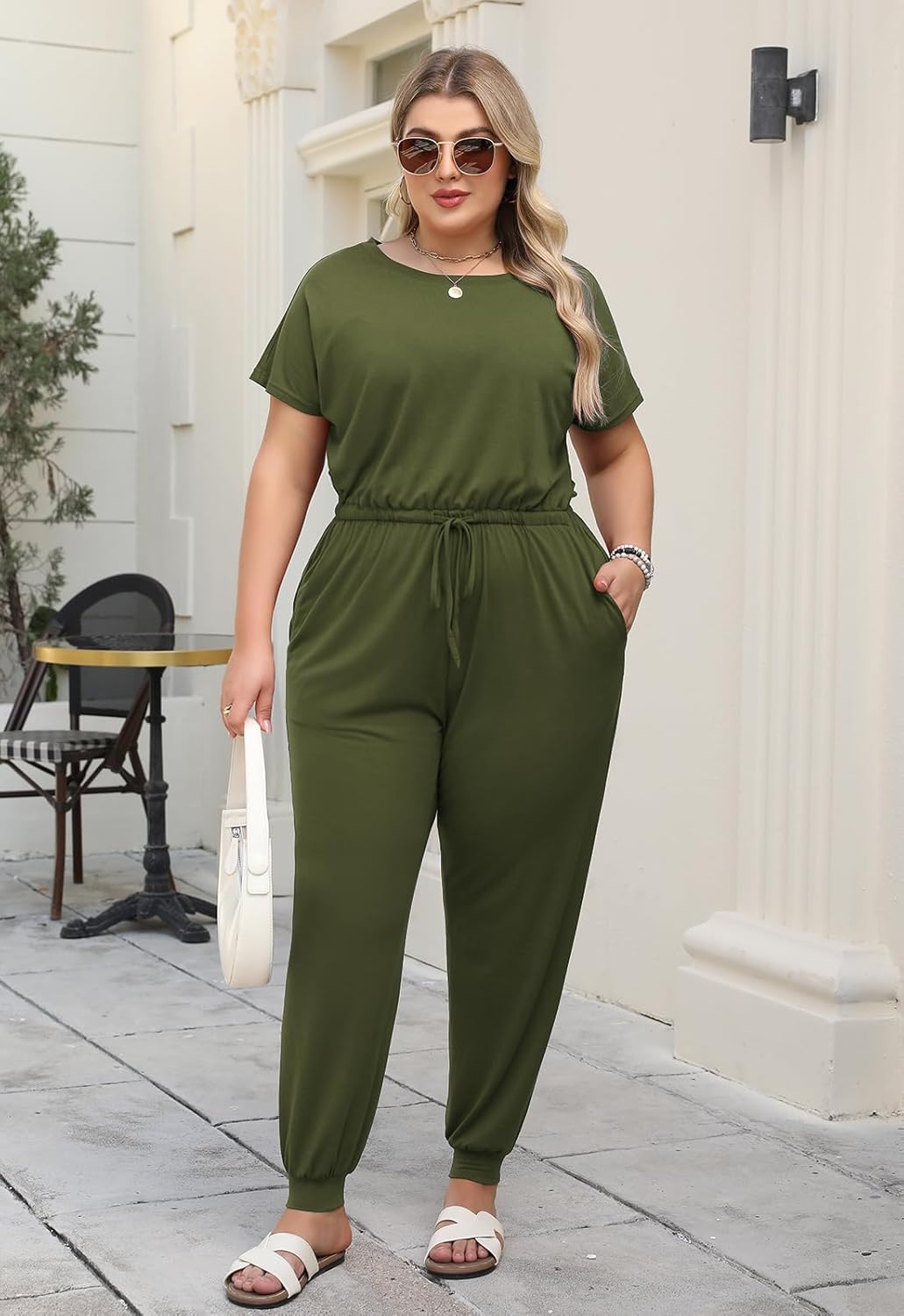 Nemidor Plus Size Casual Jumpsuits for Curvy Women Summer Short Sleeve Drawstring Waist Long Pant Romper with Pocket 16-26