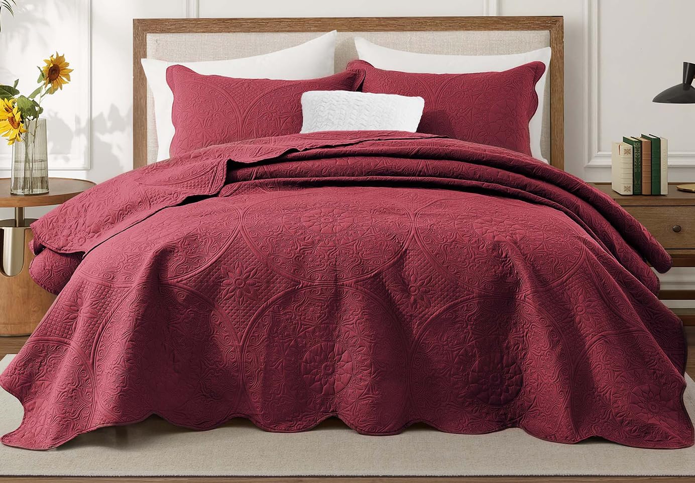 IR Imperial Rooms Twin Quilt Bedding Set Size (68” x 86”) + 1 Pillow Shams (20” x 26” + 2”) - 2 Pcs All Season Lightweight Reversible Microfiber Coverlet Floral Embossed Quilt Bedspread (Burgundy)