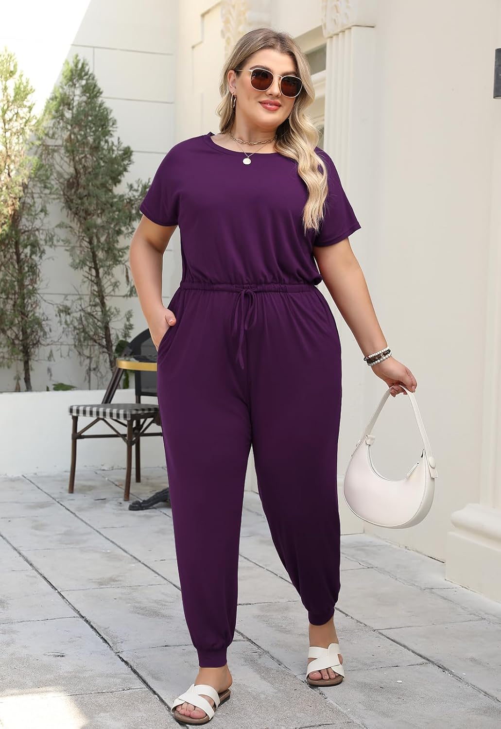 Nemidor Plus Size Casual Jumpsuits for Curvy Women Summer Short Sleeve Drawstring Waist Long Pant Romper with Pocket 16-26