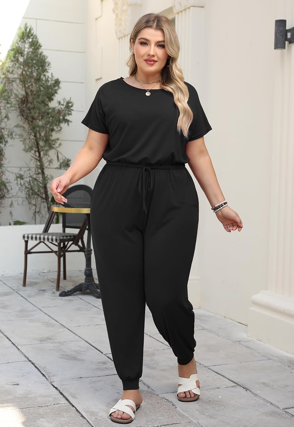 Nemidor Plus Size Casual Jumpsuits for Curvy Women Summer Short Sleeve Drawstring Waist Long Pant Romper with Pocket 16-26
