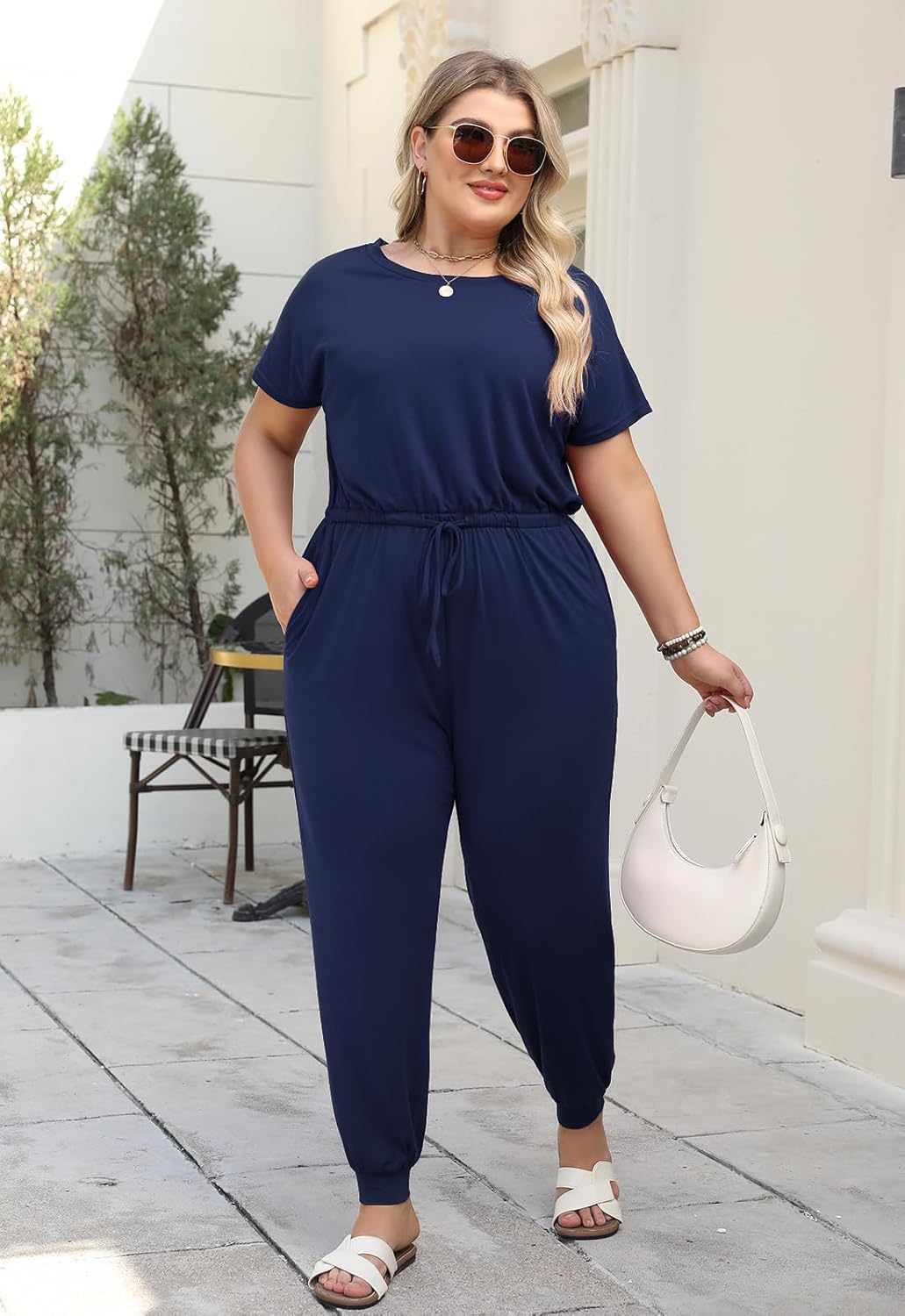 Nemidor Plus Size Casual Jumpsuits for Curvy Women Summer Short Sleeve Drawstring Waist Long Pant Romper with Pocket 16-26