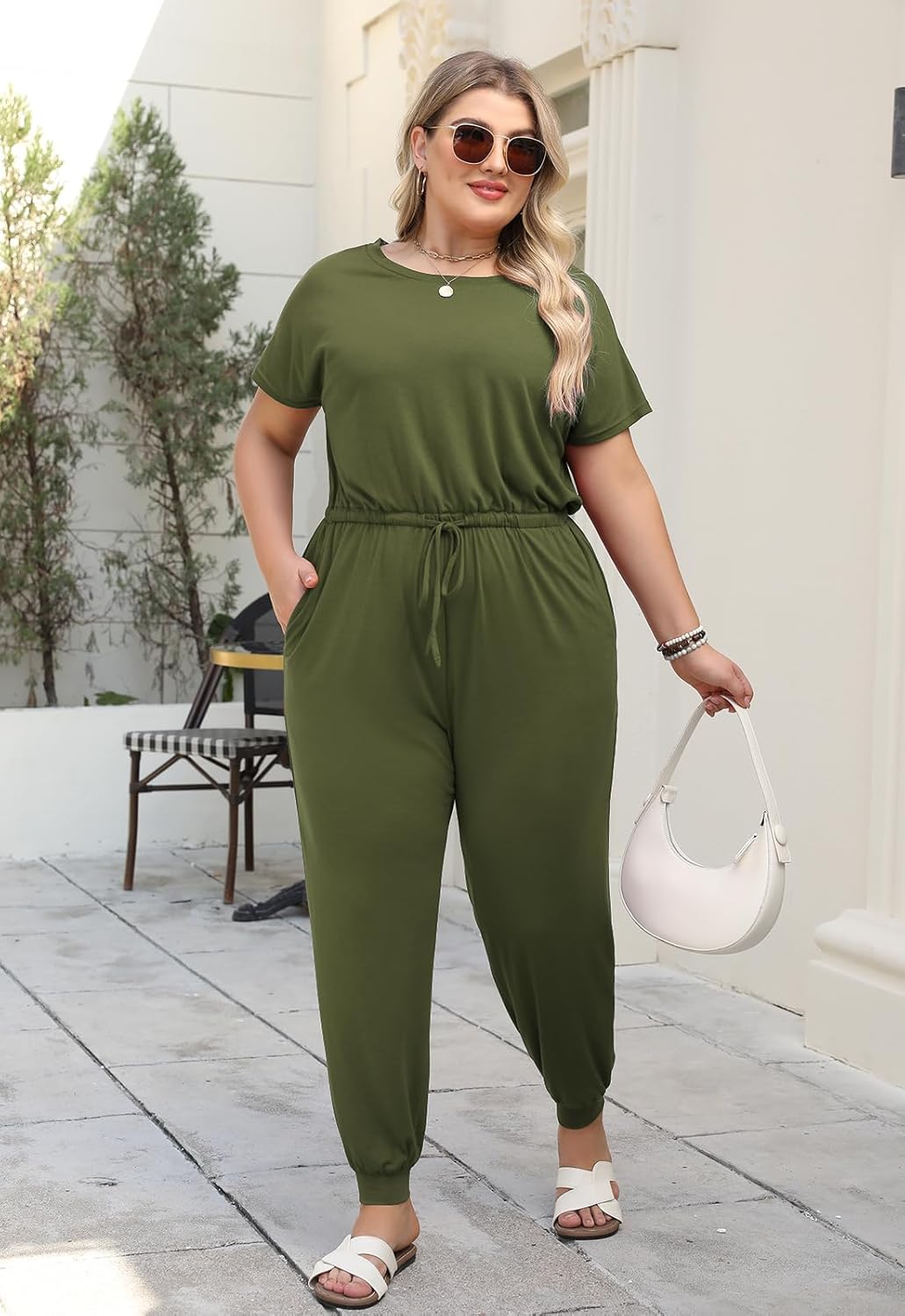 Nemidor Plus Size Casual Jumpsuits for Curvy Women Summer Short Sleeve Drawstring Waist Long Pant Romper with Pocket 16-26