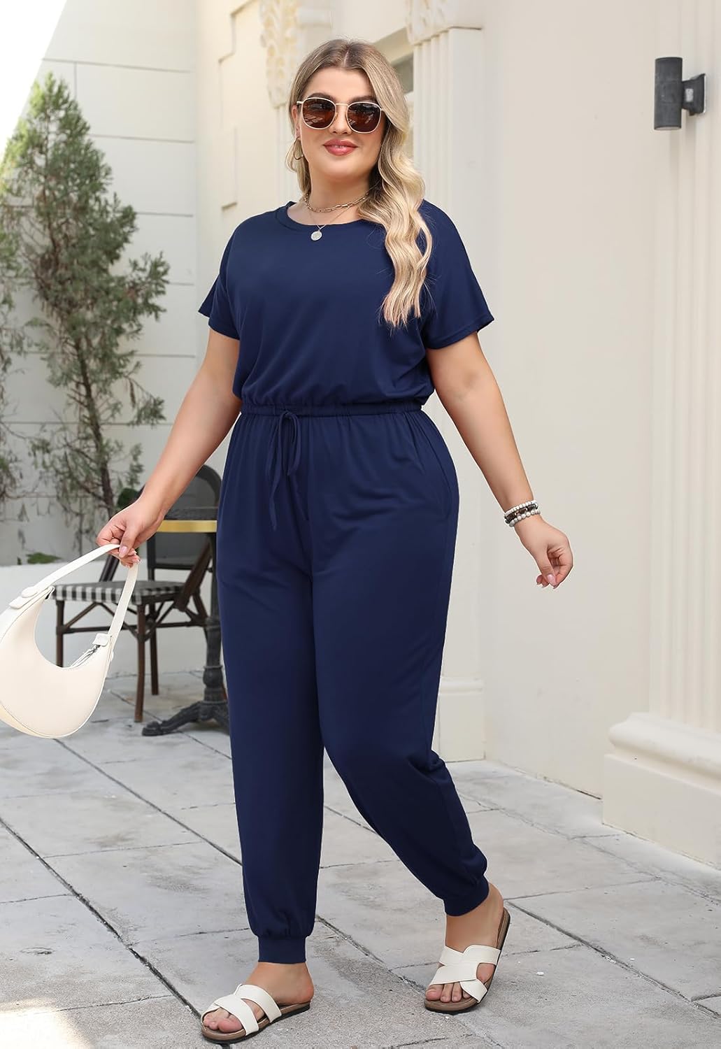 Nemidor Plus Size Casual Jumpsuits for Curvy Women Summer Short Sleeve Drawstring Waist Long Pant Romper with Pocket 16-26