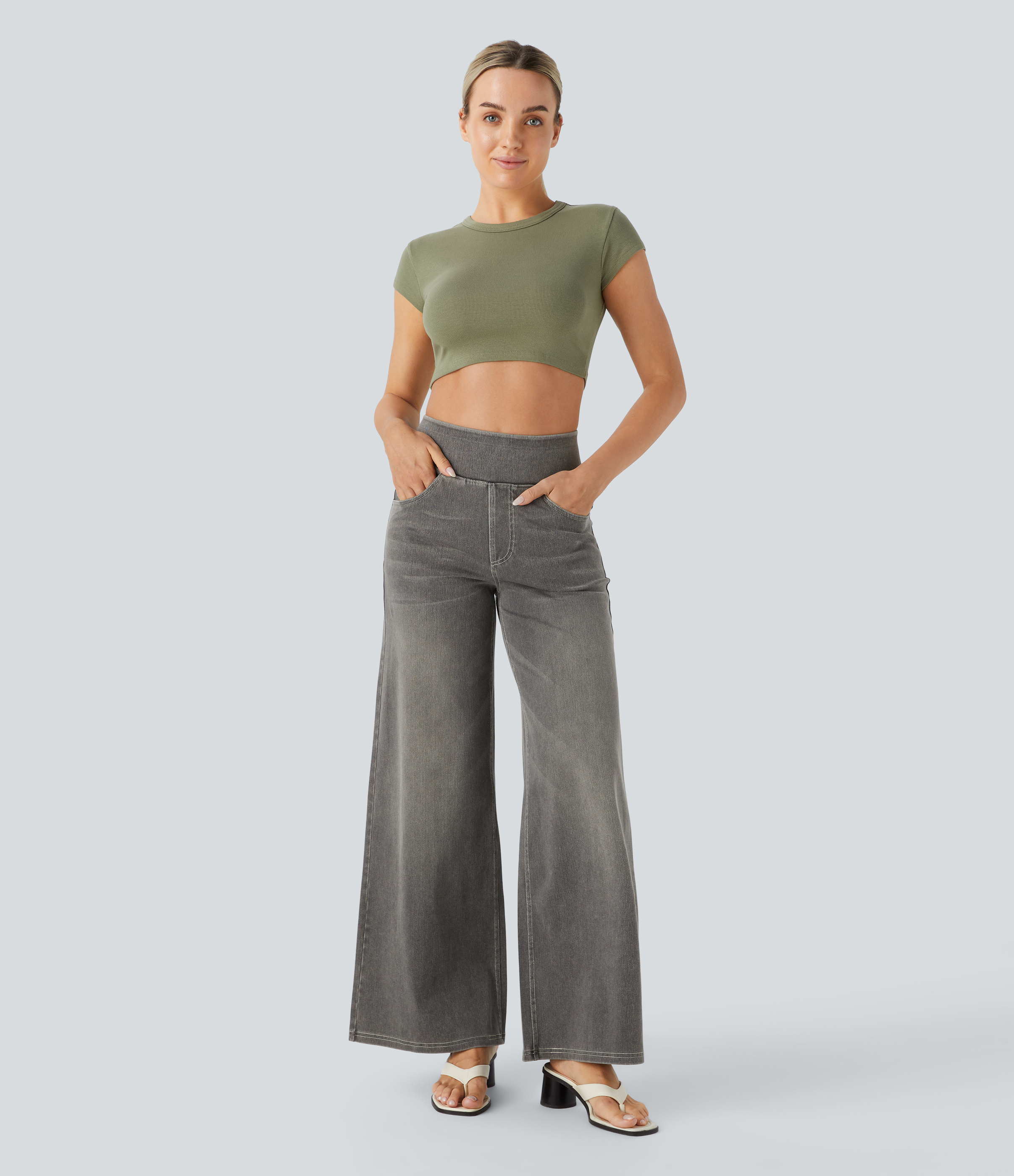 High Waisted Multiple Pockets Wide Leg Washed Stretchy Knit Casual Jeans