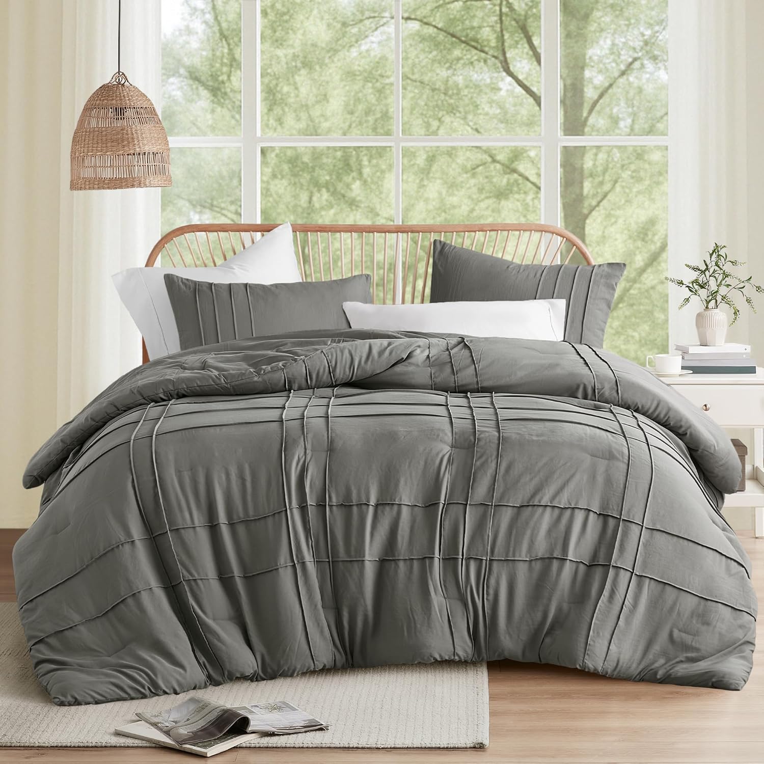 🔥8-Pack Only $26.78🔥3 Piece Pintuck Pleated Comfort Spaces Sage All Season Lightweight Comforter Set