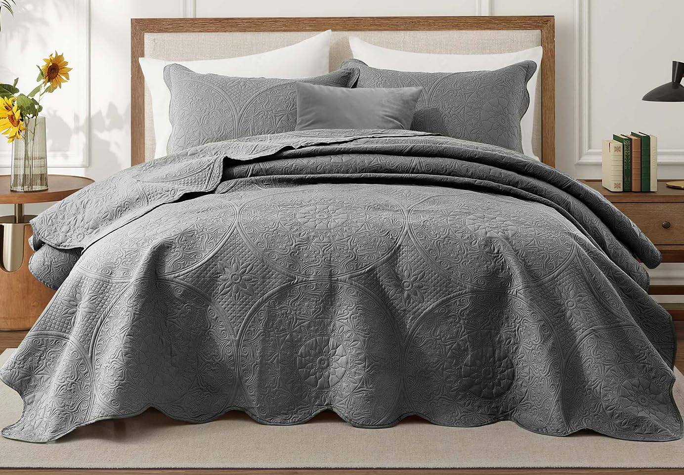IR Imperial Rooms Twin Quilt Bedding Set Size (68” x 86”) + 1 Pillow Shams (20” x 26” + 2”) - 2 Pcs All Season Lightweight Reversible Microfiber Coverlet Floral Embossed Quilt Bedspread (Burgundy)
