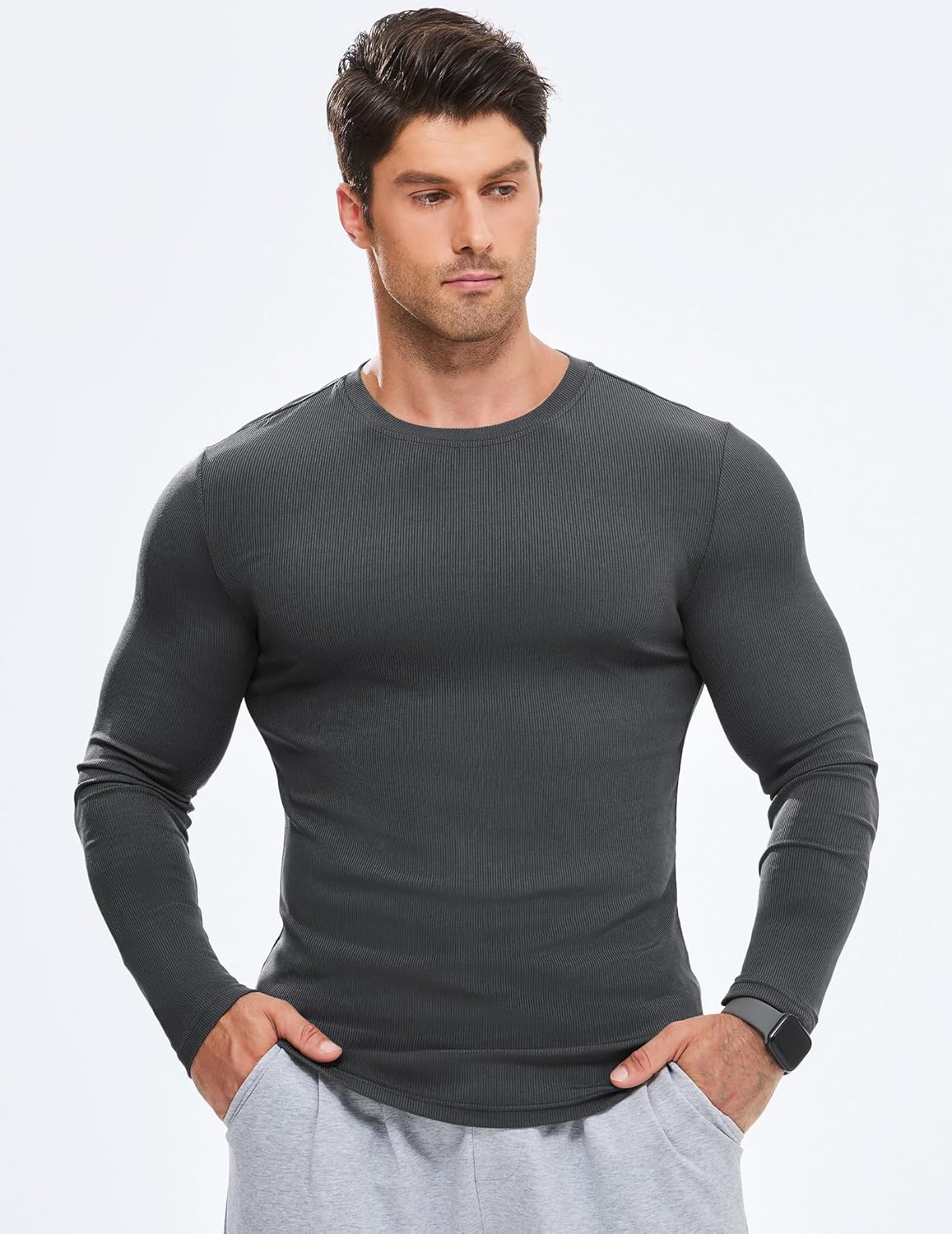 🔥10-Pack For Only $26.78🔥JMIERR Mens Long Sleeve Muscle T Shirts Casual Crewneck Longline Ribbed Tee Shirts