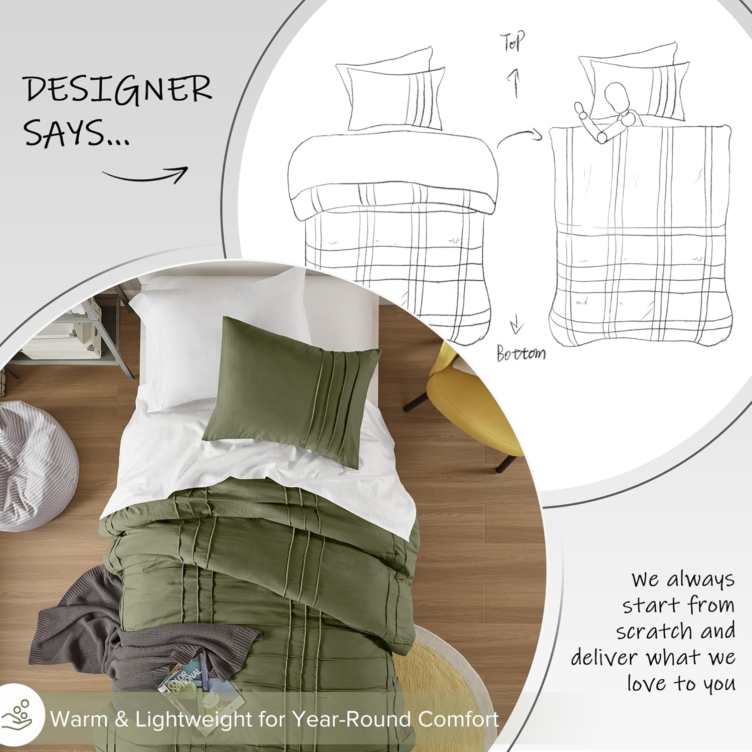 🔥8-Pack Only $26.78🔥3 Piece Pintuck Pleated Comfort Spaces Sage All Season Lightweight Comforter Set