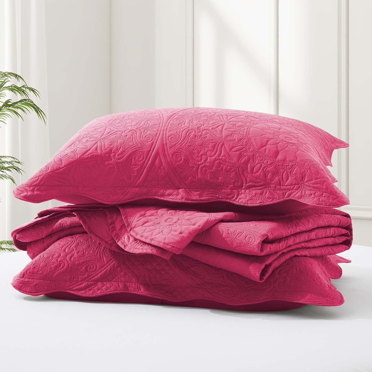 IR Imperial Rooms Twin Quilt Bedding Set Size (68” x 86”) + 1 Pillow Shams (20” x 26” + 2”) - 2 Pcs All Season Lightweight Reversible Microfiber Coverlet Floral Embossed Quilt Bedspread (Burgundy)