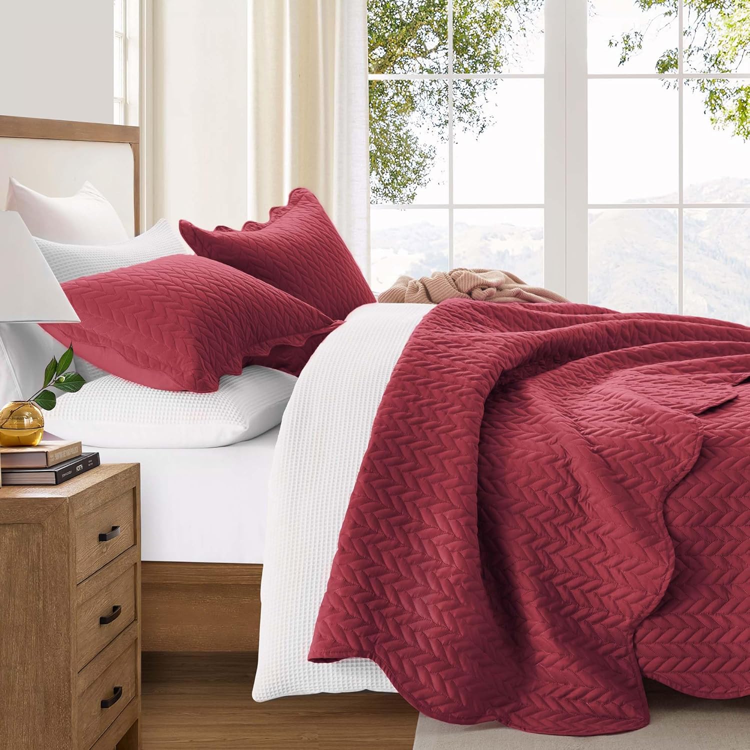 IR Imperial Rooms Twin Quilt Bedding Set Size (68” x 86”) + 1 Pillow Shams (20” x 26” + 2”) - 2 Pcs All Season Lightweight Reversible Microfiber Coverlet Floral Embossed Quilt Bedspread (Burgundy)