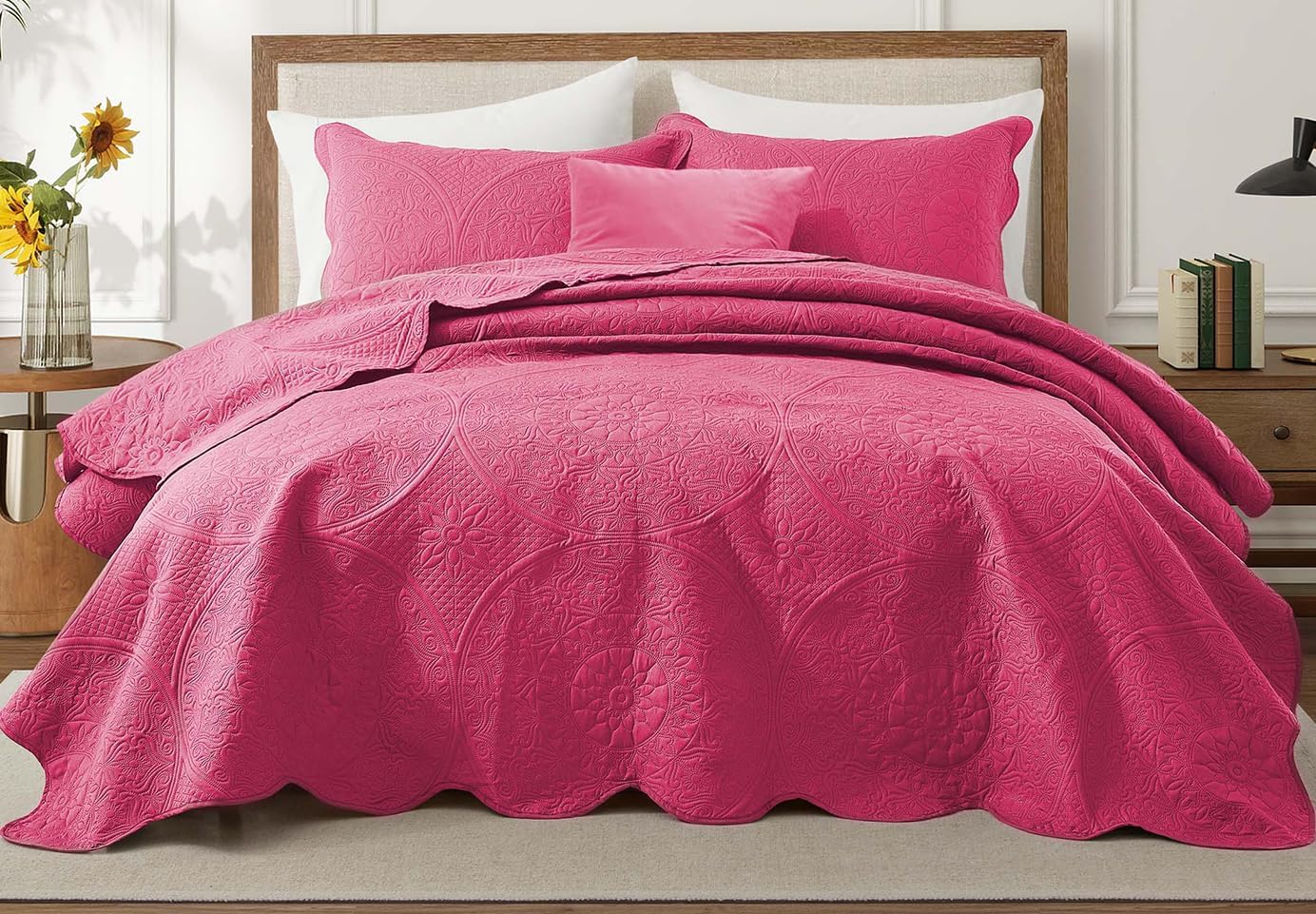 IR Imperial Rooms Twin Quilt Bedding Set Size (68” x 86”) + 1 Pillow Shams (20” x 26” + 2”) - 2 Pcs All Season Lightweight Reversible Microfiber Coverlet Floral Embossed Quilt Bedspread (Burgundy)