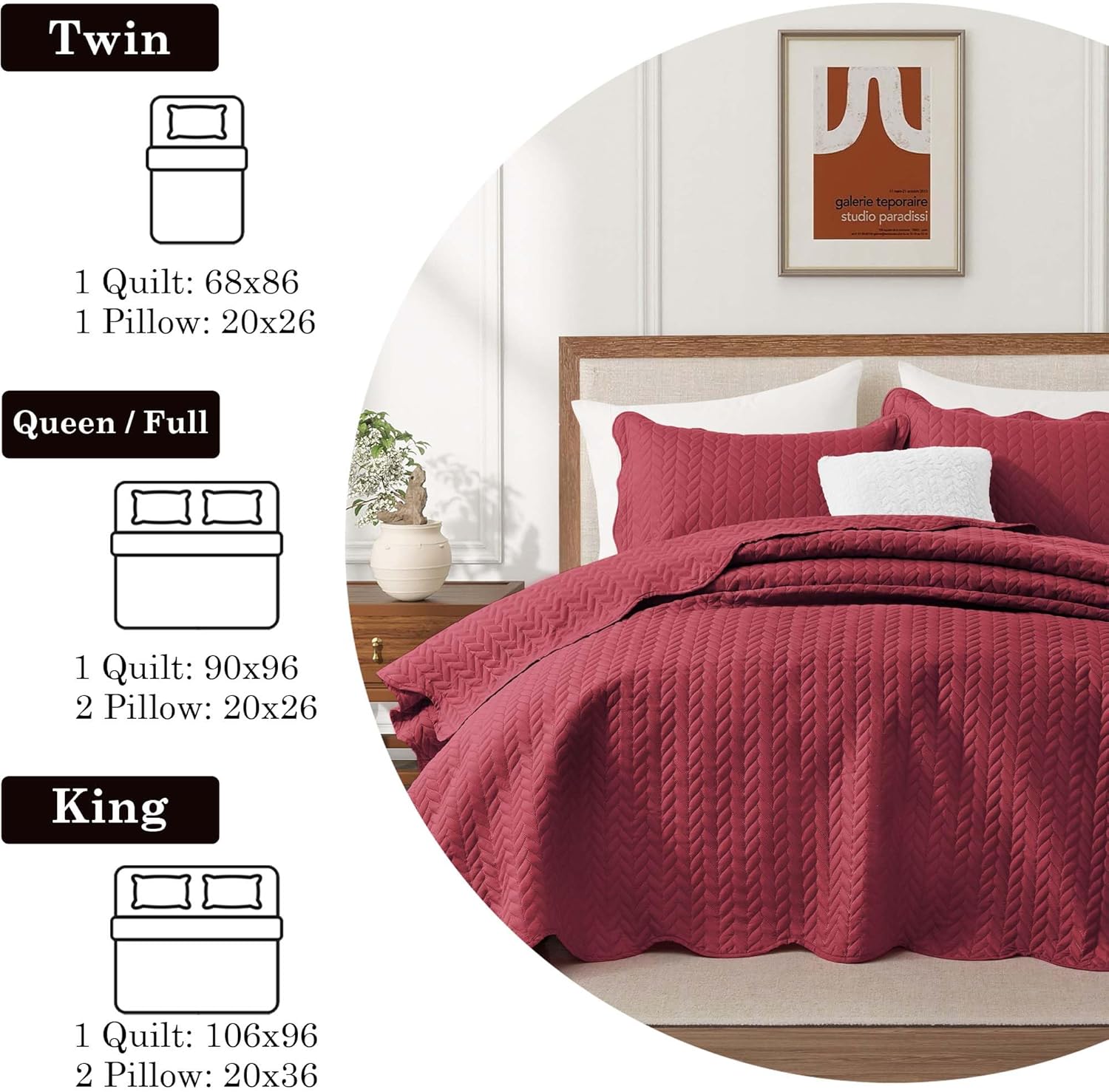 IR Imperial Rooms Twin Quilt Bedding Set Size (68” x 86”) + 1 Pillow Shams (20” x 26” + 2”) - 2 Pcs All Season Lightweight Reversible Microfiber Coverlet Floral Embossed Quilt Bedspread (Burgundy)