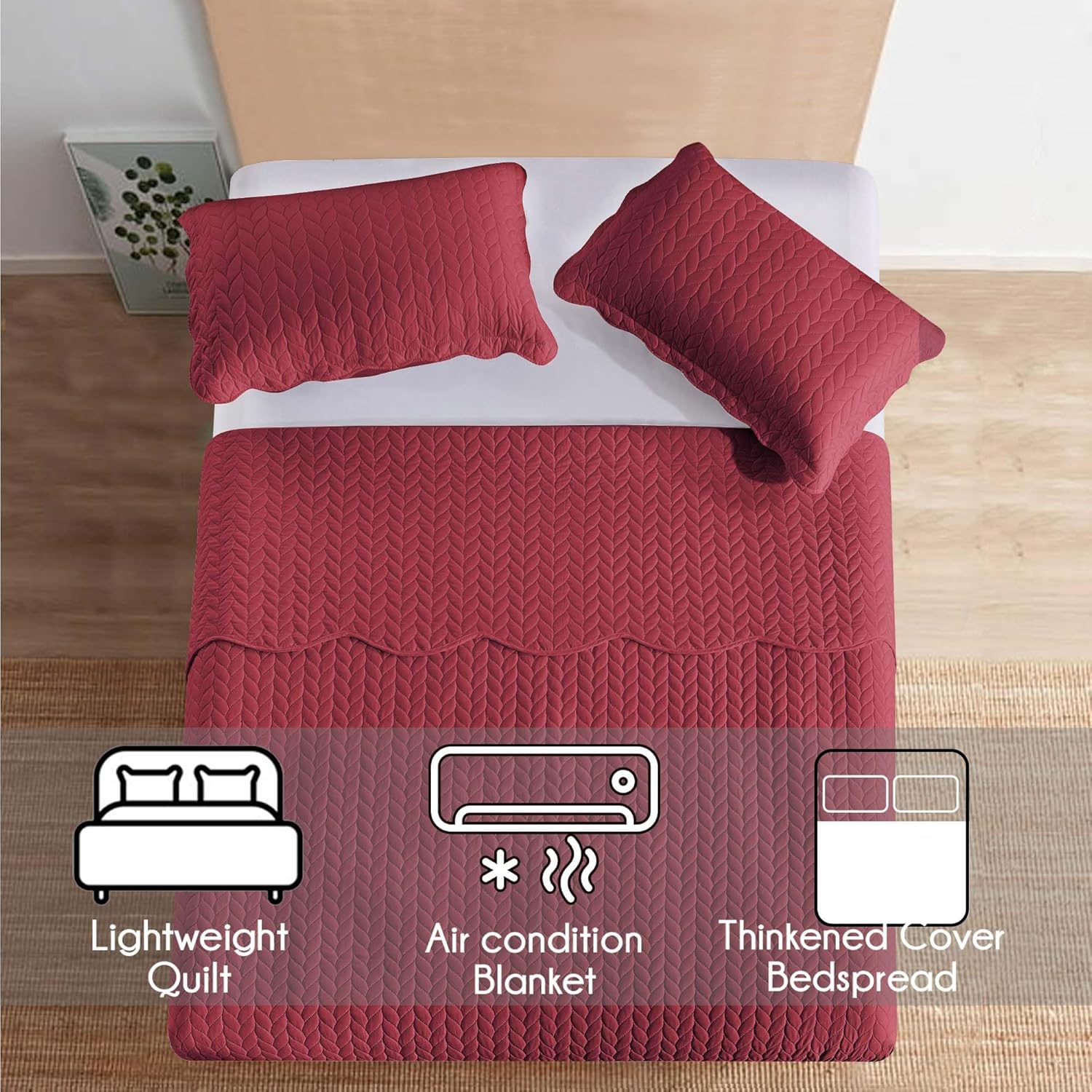 IR Imperial Rooms Twin Quilt Bedding Set Size (68” x 86”) + 1 Pillow Shams (20” x 26” + 2”) - 2 Pcs All Season Lightweight Reversible Microfiber Coverlet Floral Embossed Quilt Bedspread (Burgundy)