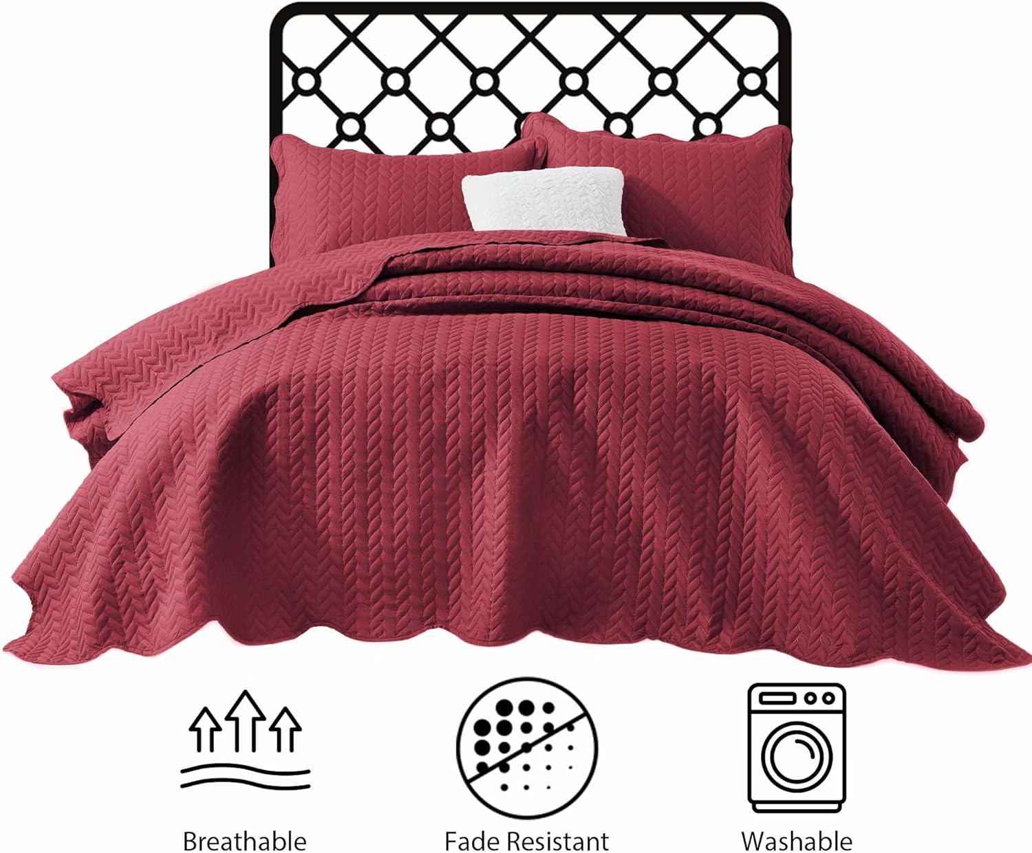 IR Imperial Rooms Twin Quilt Bedding Set Size (68” x 86”) + 1 Pillow Shams (20” x 26” + 2”) - 2 Pcs All Season Lightweight Reversible Microfiber Coverlet Floral Embossed Quilt Bedspread (Burgundy)