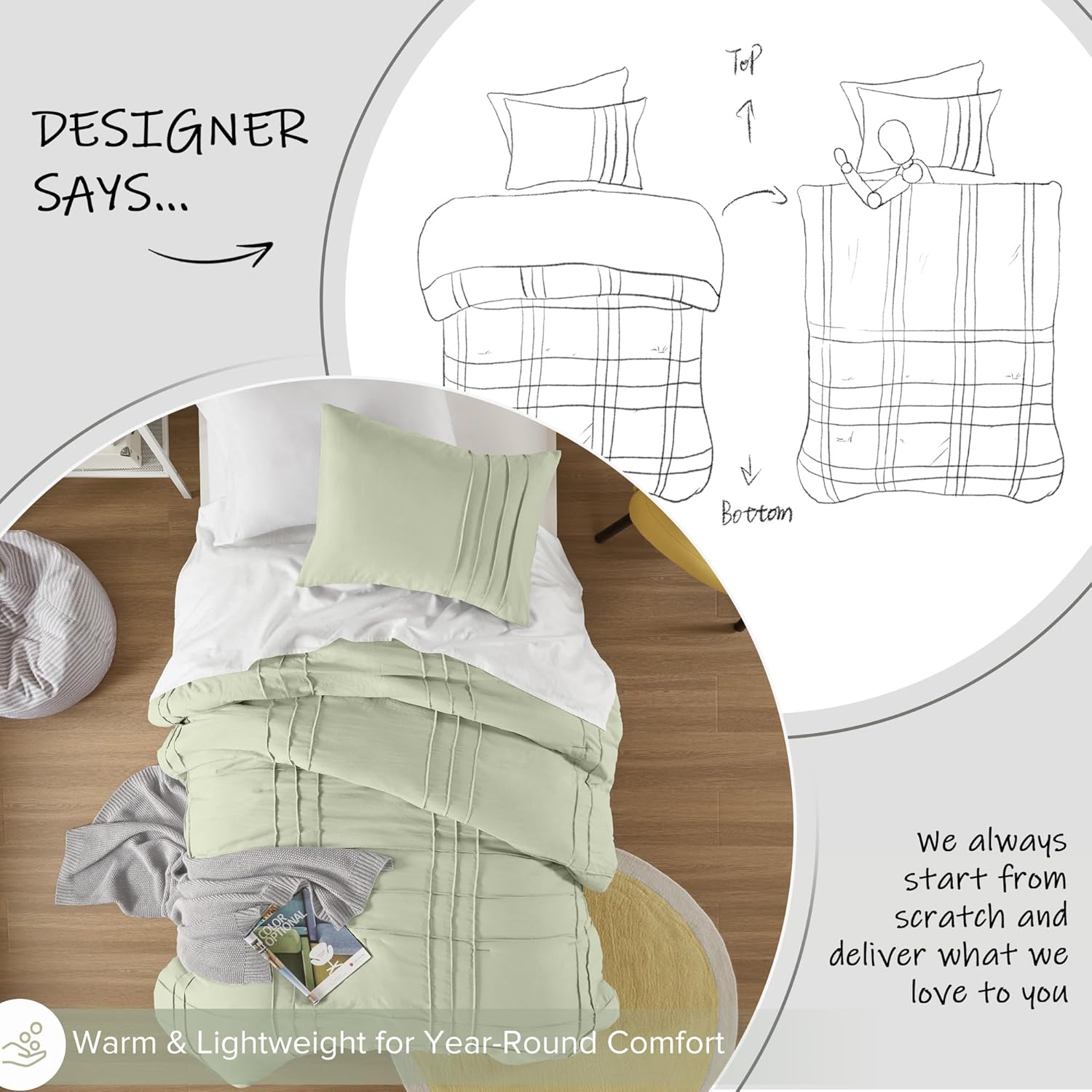 🔥8-Pack Only $26.78🔥3 Piece Pintuck Pleated Comfort Spaces Sage All Season Lightweight Comforter Set