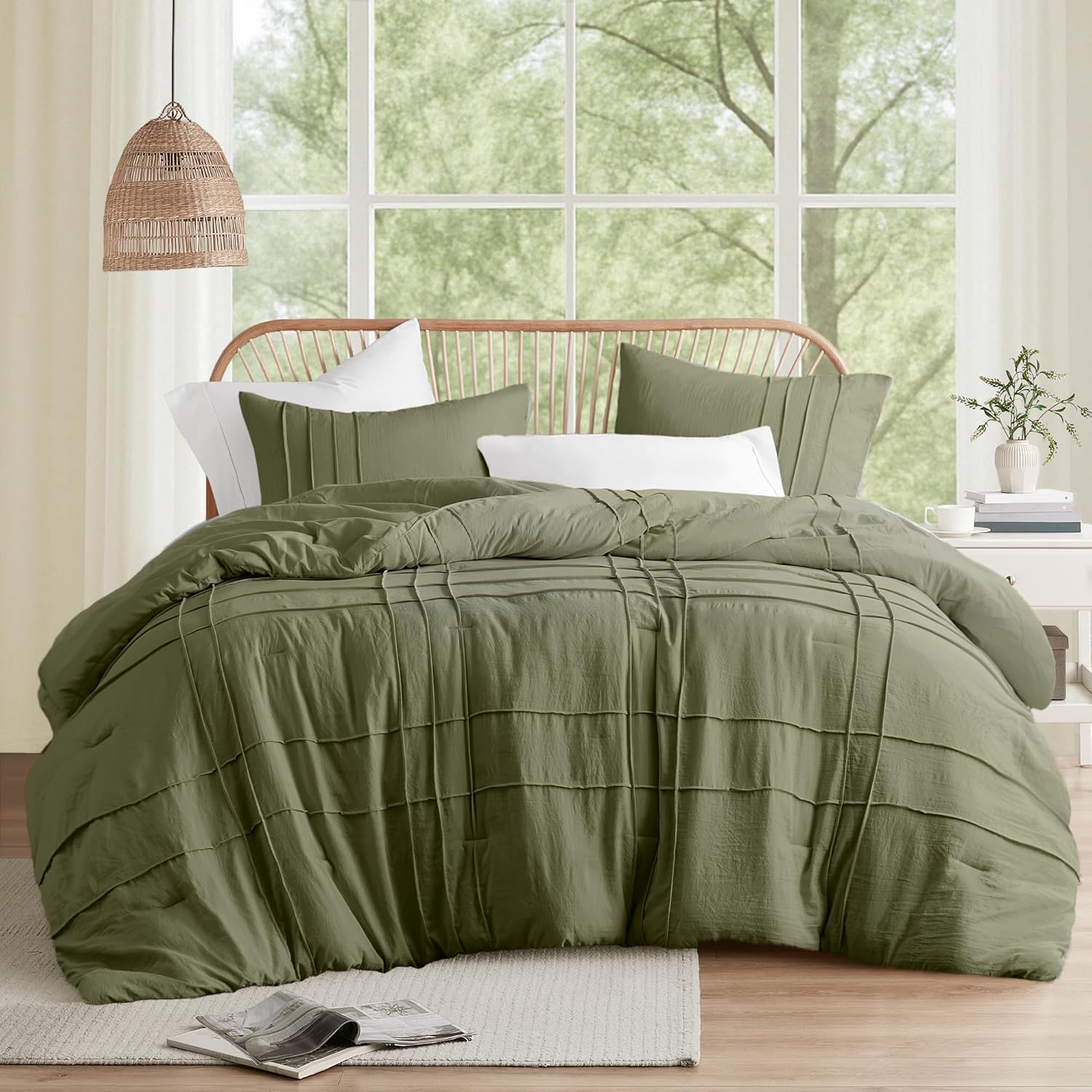 🔥8-Pack Only $26.78🔥3 Piece Pintuck Pleated Comfort Spaces Sage All Season Lightweight Comforter Set