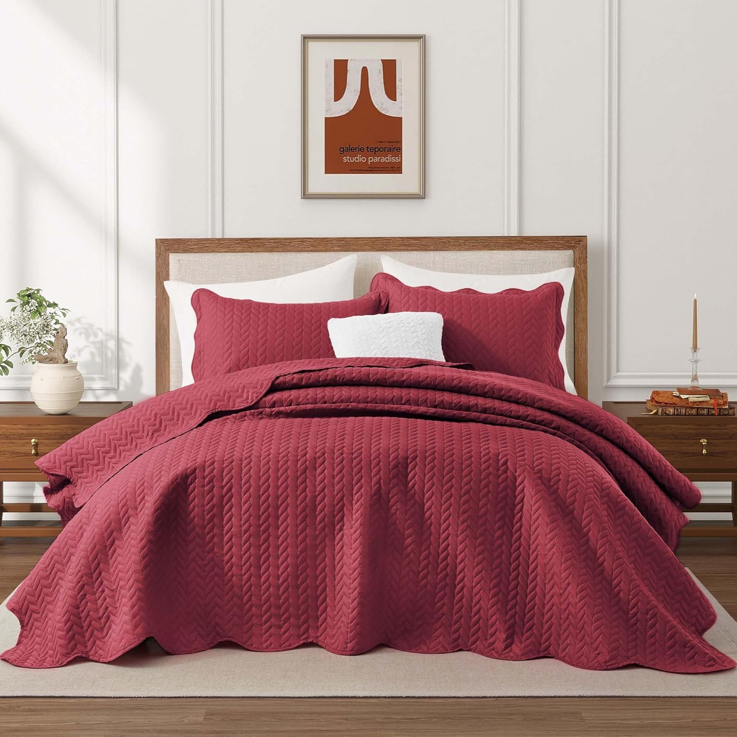 IR Imperial Rooms Twin Quilt Bedding Set Size (68” x 86”) + 1 Pillow Shams (20” x 26” + 2”) - 2 Pcs All Season Lightweight Reversible Microfiber Coverlet Floral Embossed Quilt Bedspread (Burgundy)