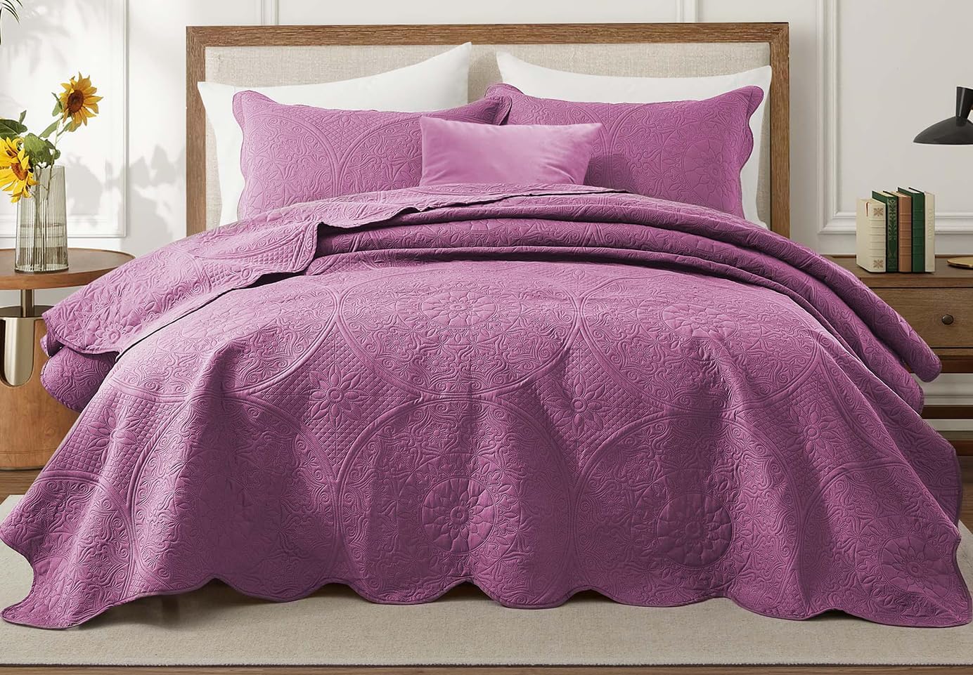 IR Imperial Rooms Twin Quilt Bedding Set Size (68” x 86”) + 1 Pillow Shams (20” x 26” + 2”) - 2 Pcs All Season Lightweight Reversible Microfiber Coverlet Floral Embossed Quilt Bedspread (Burgundy)