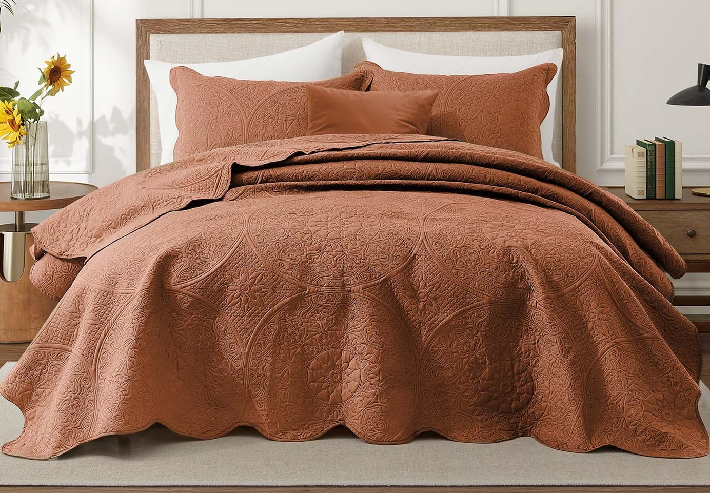 IR Imperial Rooms Twin Quilt Bedding Set Size (68” x 86”) + 1 Pillow Shams (20” x 26” + 2”) - 2 Pcs All Season Lightweight Reversible Microfiber Coverlet Floral Embossed Quilt Bedspread (Burgundy)