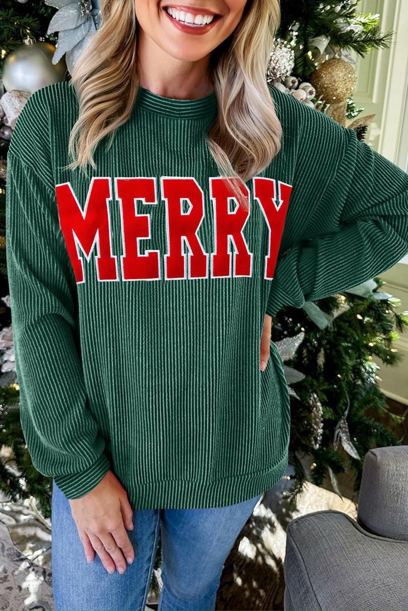 Znacicc Womens MERRY Graphic Christmas Two Piece Set Christmas Outfit Corduroy Corded  Long Sleeve Top and Shorts Winteroutfit Matching Set Comfort Fabric