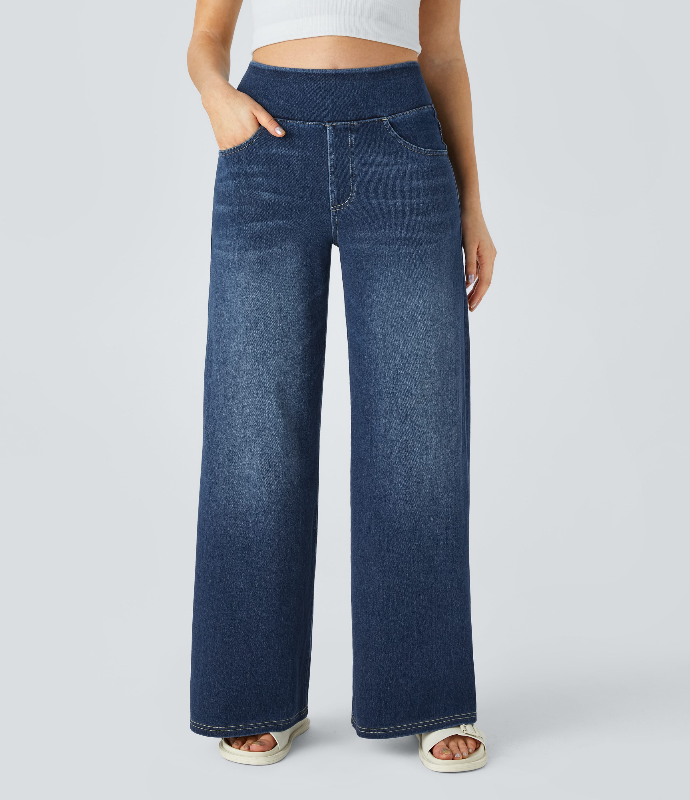 High Waisted Multiple Pockets Wide Leg Washed Stretchy Knit Casual Jeans