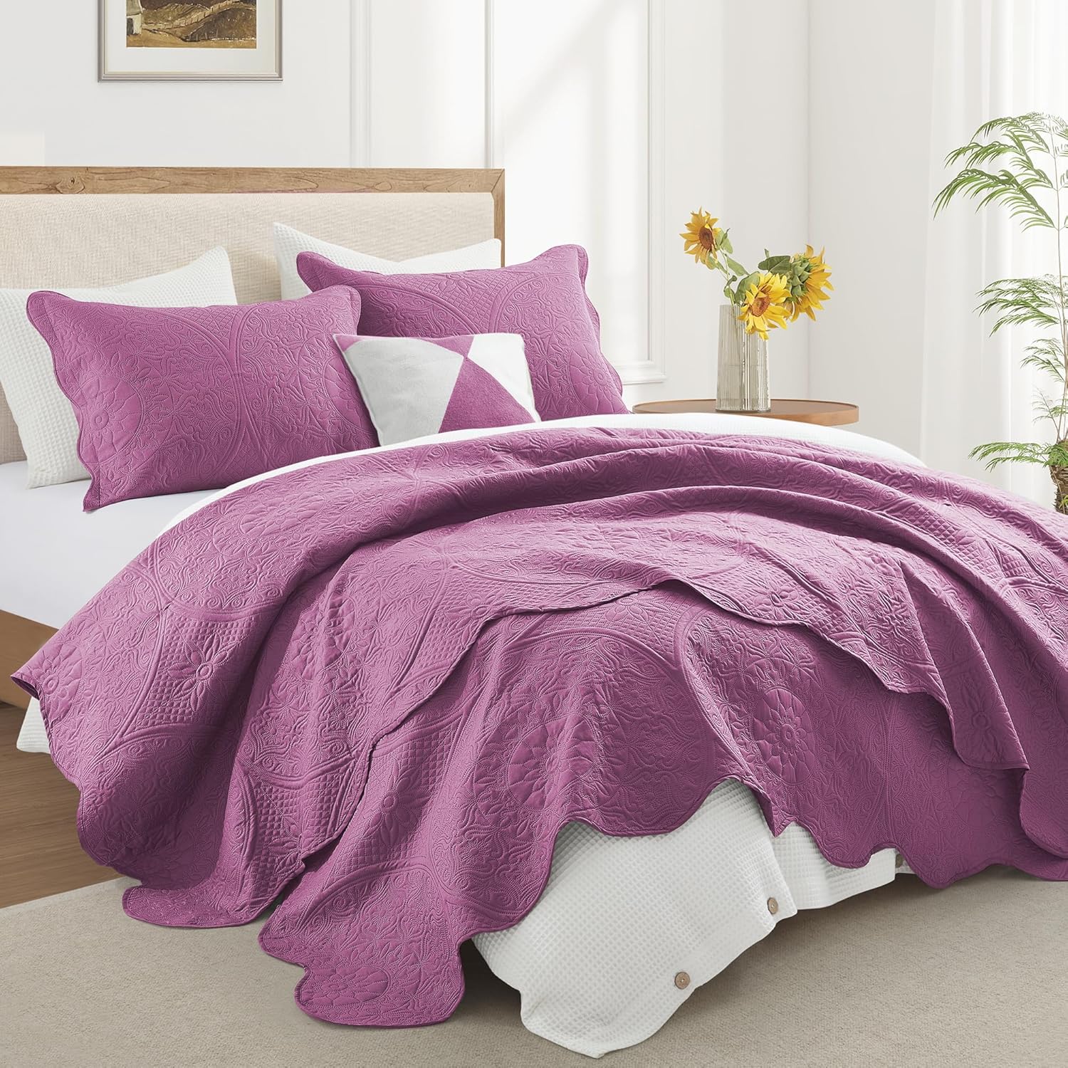 IR Imperial Rooms Twin Quilt Bedding Set Size (68” x 86”) + 1 Pillow Shams (20” x 26” + 2”) - 2 Pcs All Season Lightweight Reversible Microfiber Coverlet Floral Embossed Quilt Bedspread (Burgundy)