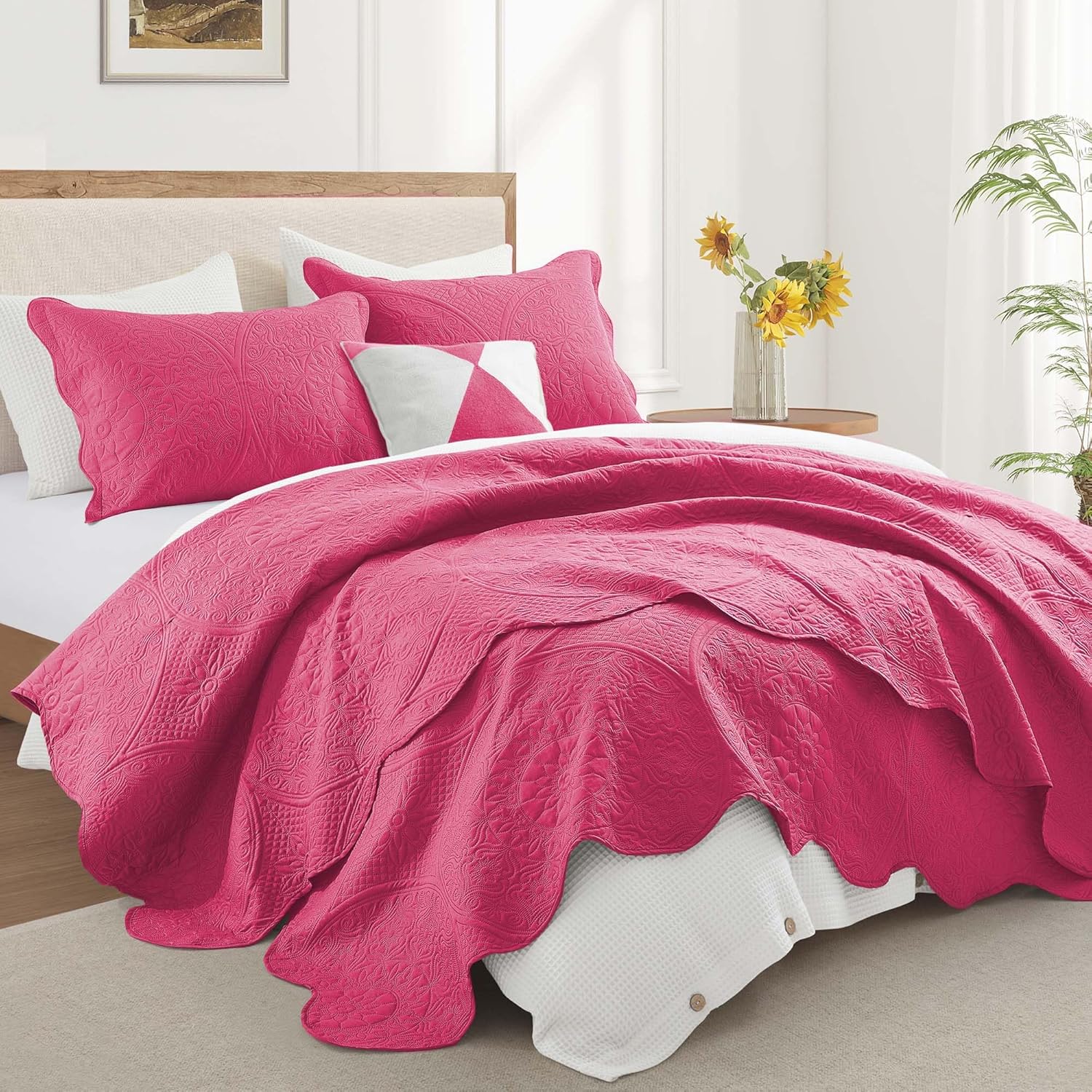 IR Imperial Rooms Twin Quilt Bedding Set Size (68” x 86”) + 1 Pillow Shams (20” x 26” + 2”) - 2 Pcs All Season Lightweight Reversible Microfiber Coverlet Floral Embossed Quilt Bedspread (Burgundy)