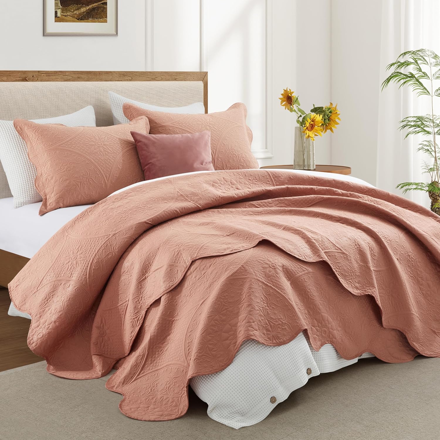 IR Imperial Rooms Twin Quilt Bedding Set Size (68” x 86”) + 1 Pillow Shams (20” x 26” + 2”) - 2 Pcs All Season Lightweight Reversible Microfiber Coverlet Floral Embossed Quilt Bedspread (Burgundy)