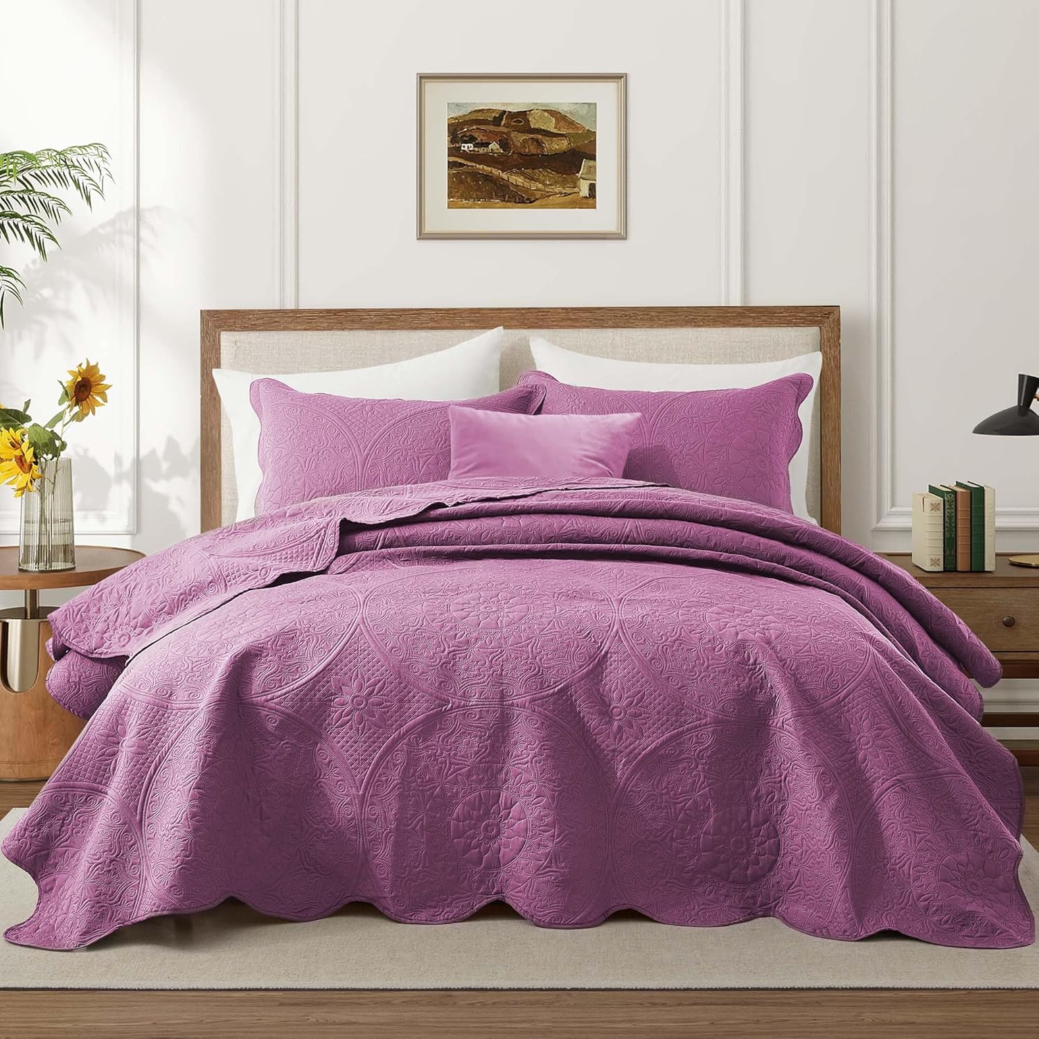 IR Imperial Rooms Twin Quilt Bedding Set Size (68” x 86”) + 1 Pillow Shams (20” x 26” + 2”) - 2 Pcs All Season Lightweight Reversible Microfiber Coverlet Floral Embossed Quilt Bedspread (Burgundy)