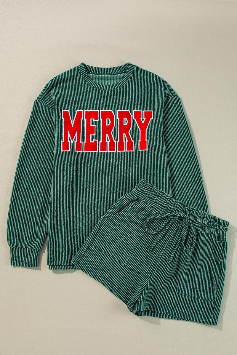 Znacicc Womens MERRY Graphic Christmas Two Piece Set Christmas Outfit Corduroy Corded  Long Sleeve Top and Shorts Winteroutfit Matching Set Comfort Fabric