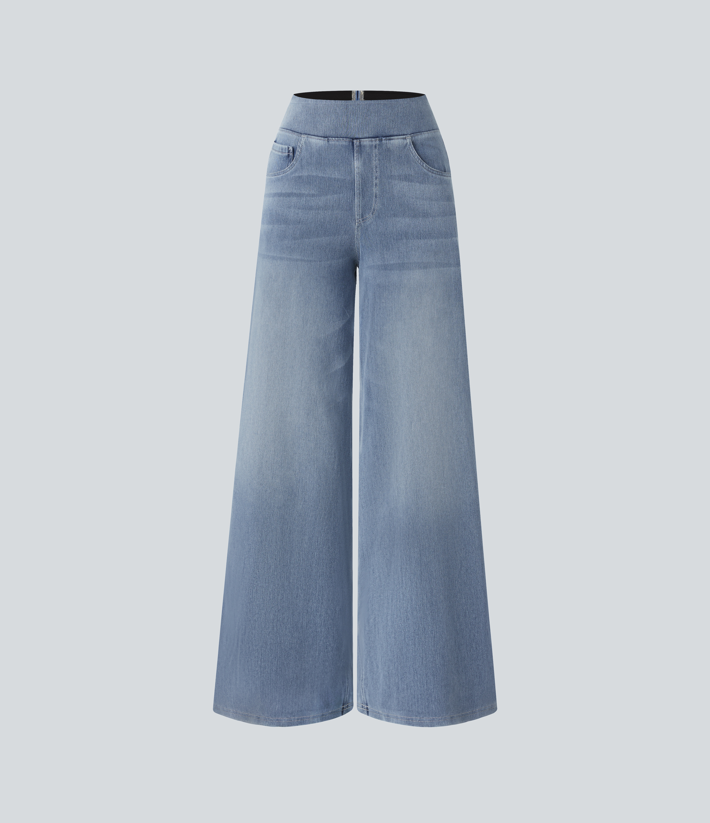 High Waisted Multiple Pockets Wide Leg Washed Stretchy Knit Casual Jeans