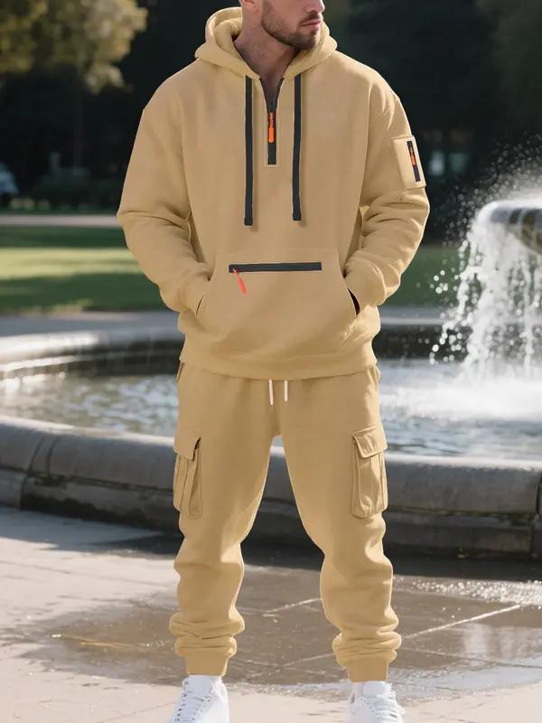 KZZ Men's Winter Fleece Lined Casual Set Loose Fit Sporty Multi-Pocket Workwear Warm Long Sleeve Jacket & Pants for Cold Weather Clothes Matching