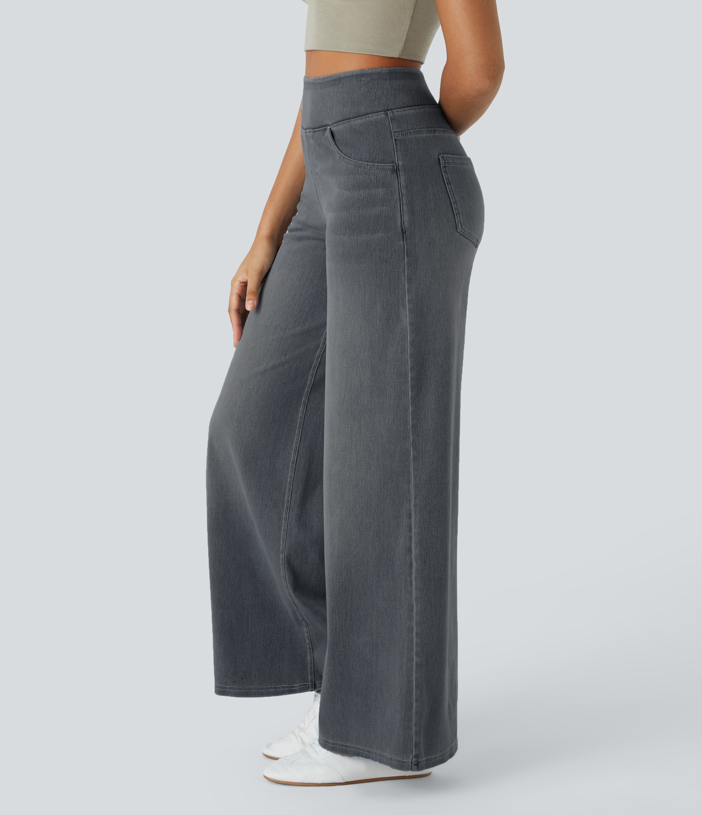 High Waisted Multiple Pockets Wide Leg Washed Stretchy Knit Casual Jeans