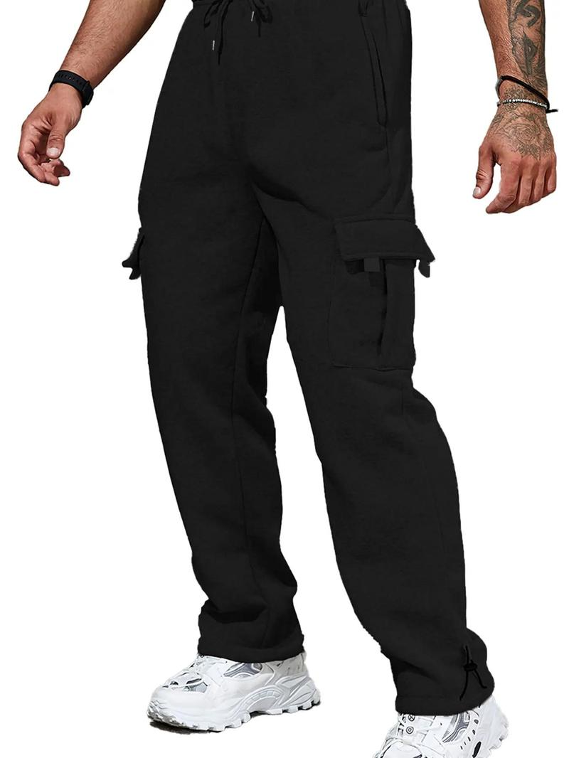 Men's Plain Pockets Drawstring Waist Wide Leg Pants