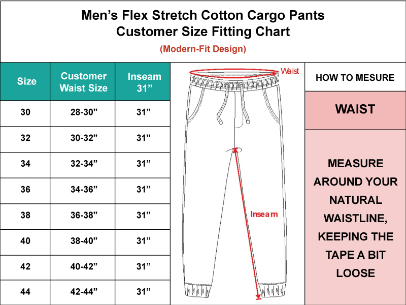 Mens Cotton Cargo Pants Size Chart