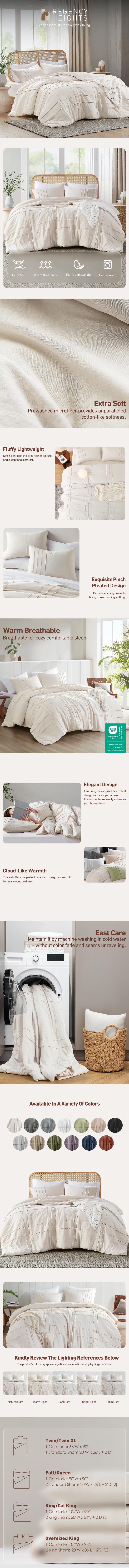 Soft Washed Pleated Comforter Set with Pintuck Pleated Design, Extra Softness Premium Microfiber Filling, All Season Lightweight, Stacie