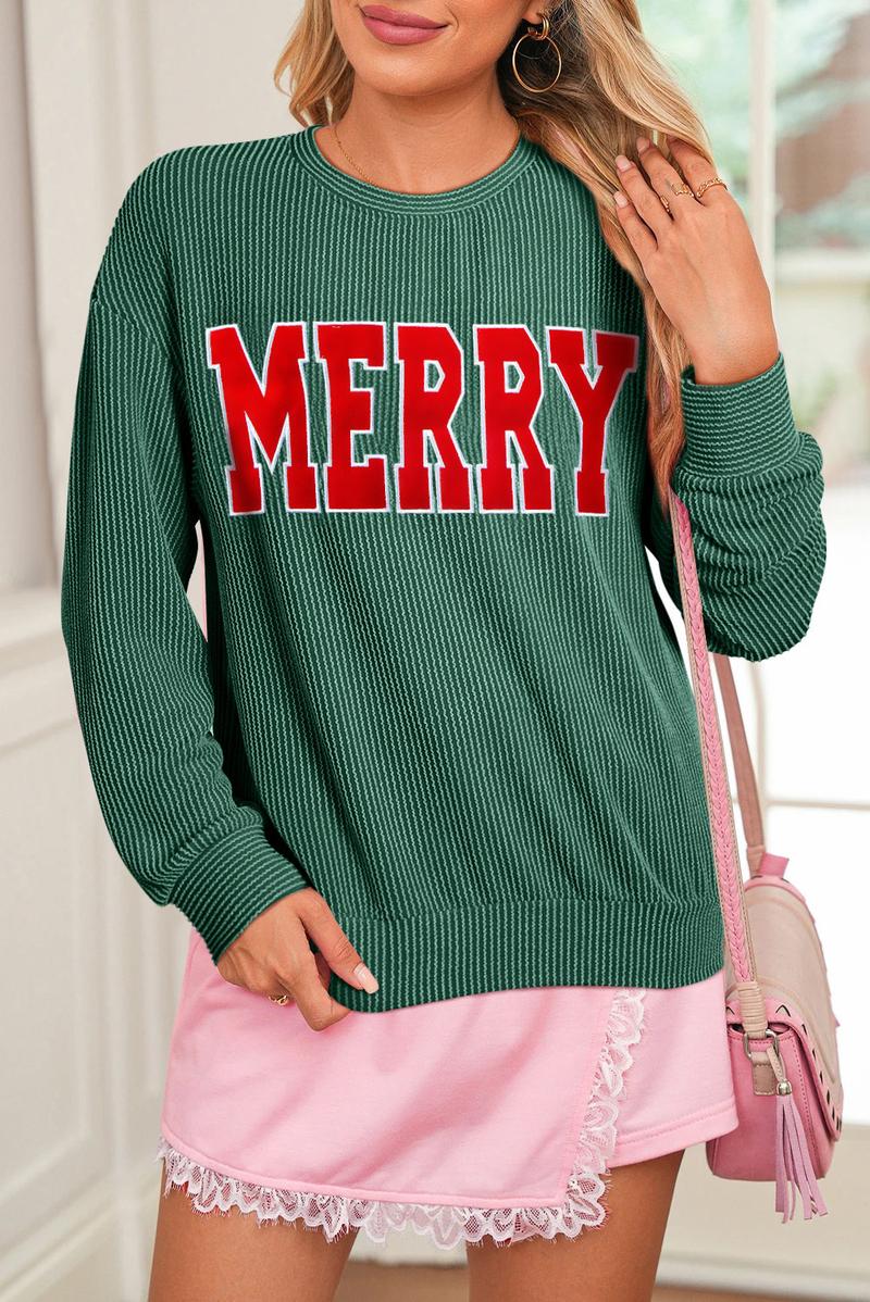 Znacicc Womens MERRY Graphic Christmas Two Piece Set Christmas Outfit Corduroy Corded  Long Sleeve Top and Shorts Winteroutfit Matching Set Comfort Fabric