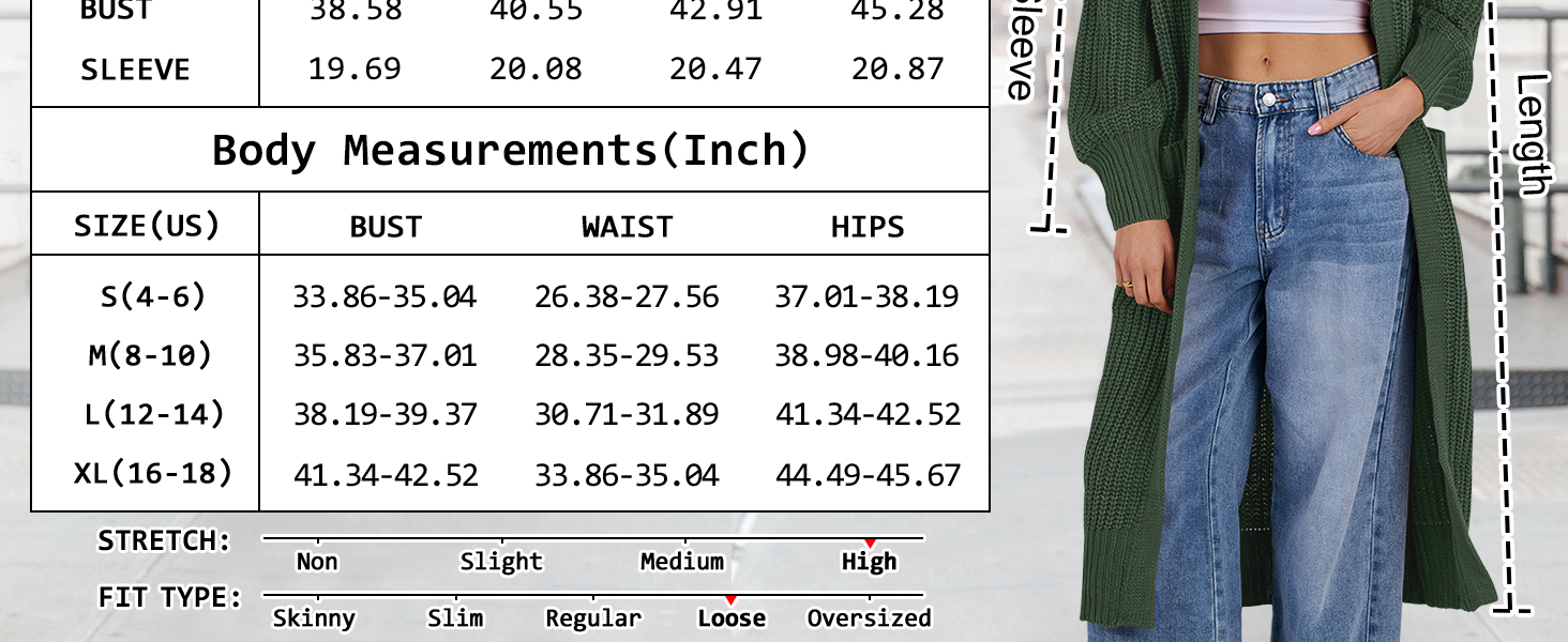 Women Cardigan Sweater Long Sleeve Open Front Knit Long Coat Duster Cozy 2025Outfits Size Chart