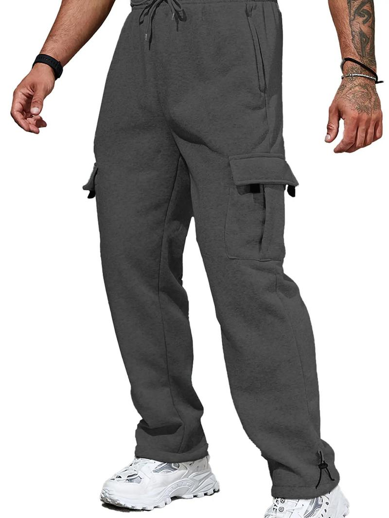 Men's Plain Pockets Drawstring Waist Wide Leg Pants