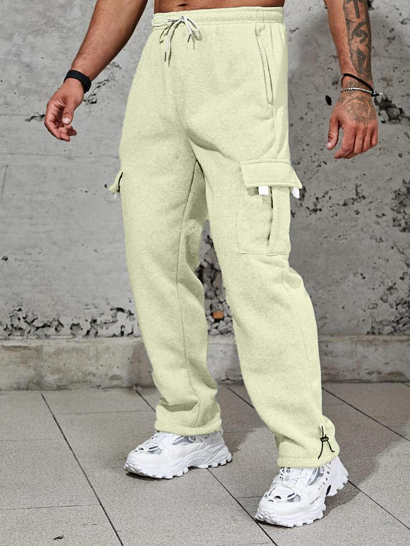 Men's Plain Pockets Drawstring Waist Wide Leg Pants