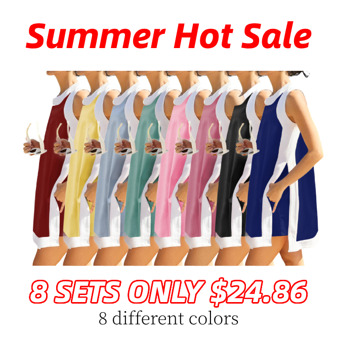 ⏰Hot Sale-Women's Casual Color Block Sleeveless Tops Matching Shorts with Pockets